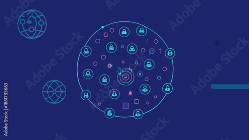 Flat vector illustration of a network globe with security icons and connections on a dark blue