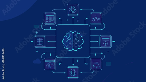 Flat vector illustration of a brain with connected technology and data flow,