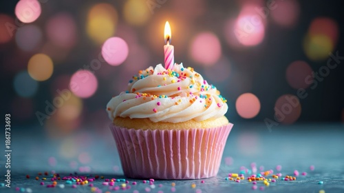 single vanilla cupcake with swirled buttercream frosting, colorful sprinkles and a lit pink striped candle on a table with warm bokeh lights, festive joyful mood