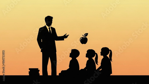 Silhouette of a man in a suit presenting an apple to three children sitting on the ground at sunset