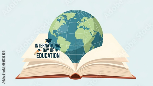 International day of education concept with globe on open book and graduation cap symbolizing global learning and literacy