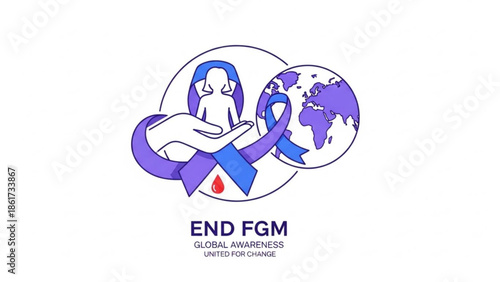 End female genital mutilation global awareness campaign symbol with purple ribbon and globe on white background