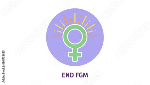 Female empowerment symbol with sun rays on purple background, end fgm movement logo, gender equality sign with orange and yellow lines, female gender symbol