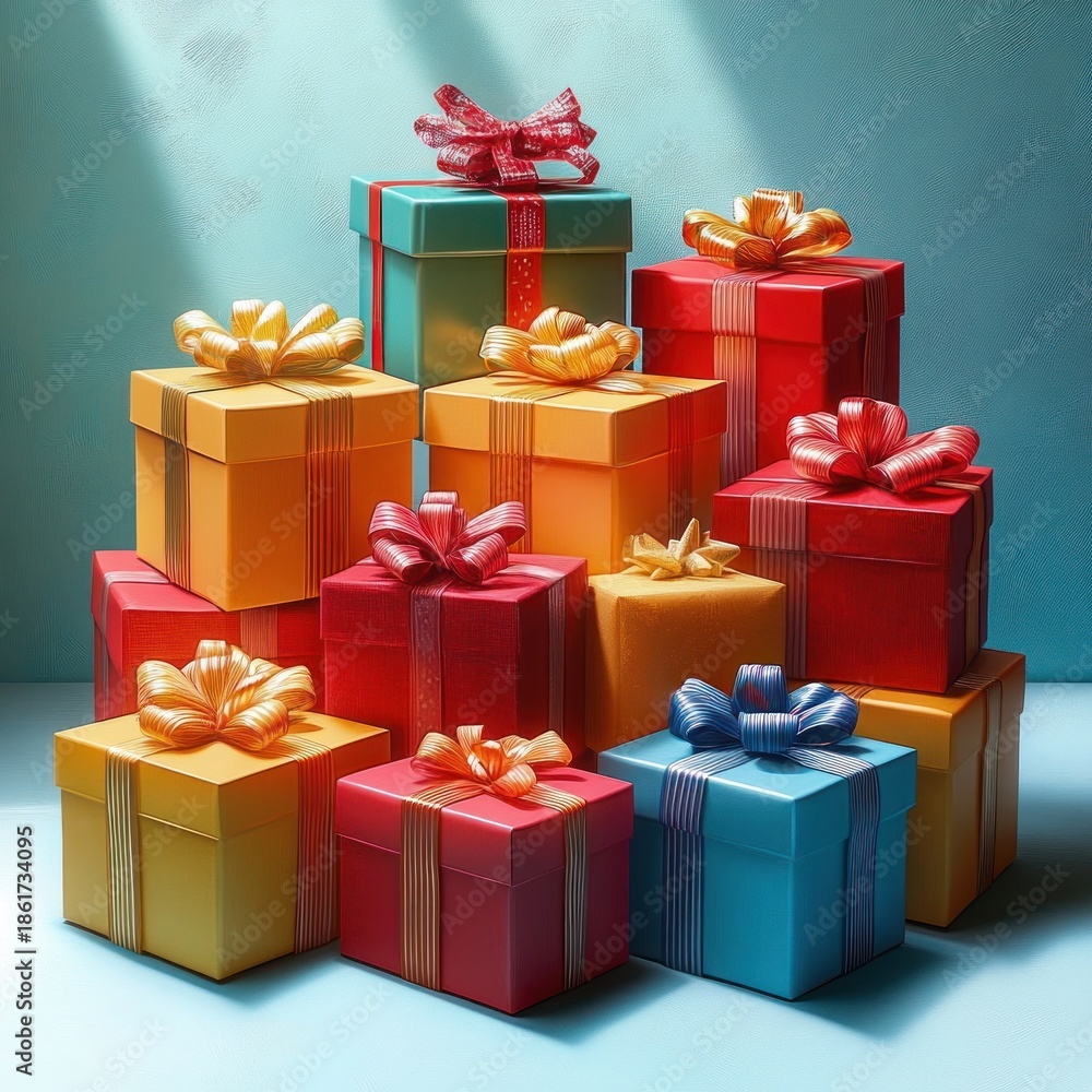 Fototapeta premium Stack of colorful wrapped gift boxes with shiny ribbons and bows on a teal background, festive joyful celebration and anticipation