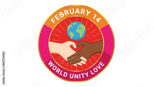 World unity love emblem with clasped hands and globe on february 14, symbolizing global togetherness and affection