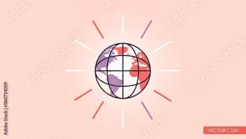 Globe icon with colorful continents and sunburst effect on soft pink background, vector illustration