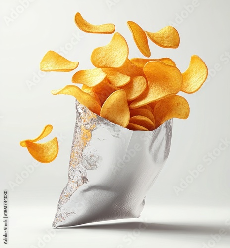 silver foil snack bag bursting open with golden potato chips flying into midair on a clean white background, playful energetic and appetizing mood