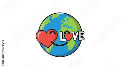 Cartoon globe with heart shaped smile and love text on white background, world love concept illustration