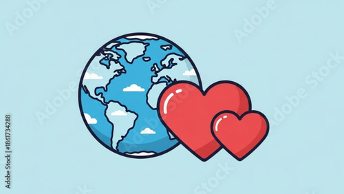 Earth globe with two red hearts symbolizing global love and care for the planet