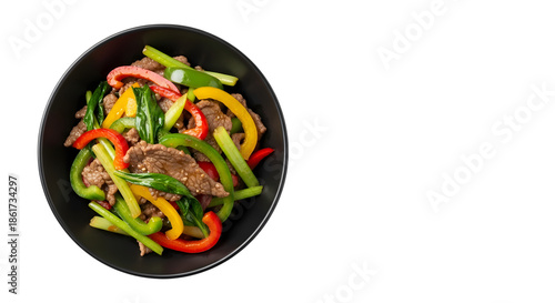 Delicious stir fry dish with vegetables and meat isolated on transparent background