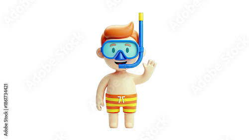 Cartoon boy with snorkel and mask waving