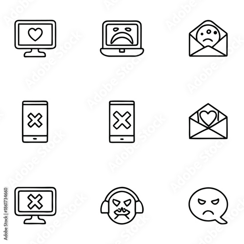 Set of digital communication icons showing rejection negative feedback and online harassment issues