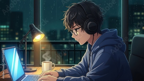 Focused digital artist engrossed in creative work on a rainy night creating arts