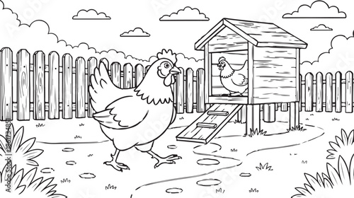 Black and white of two chickens near a wooden coop and fence farm rural 1