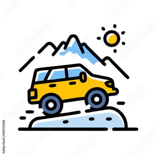 Yellow suv conquering snowy mountain trail