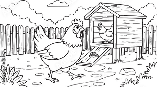 Black and white of two chickens near a wooden coop and fence farm rural