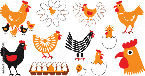 Collection of stylized chickens and eggs in various poses and colors rooster