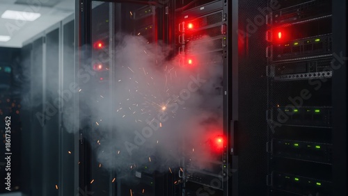 Server room malfunction incident with visible smoke and sparks disrupting operations and