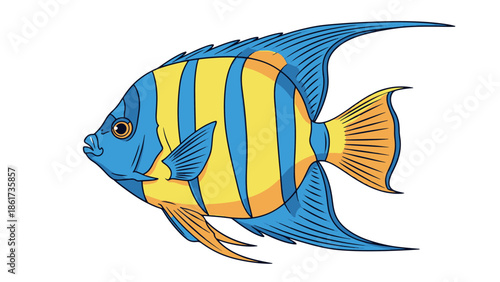 Bright yellow and blue cartoon angelfish illustration isolated on white. A vibrant, stylized icon perfect for aquarium, mascot, or children's ocean designs.