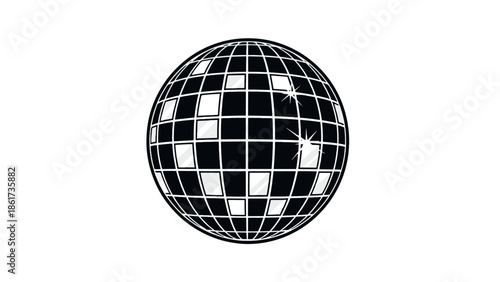 Stylized black and white vector icon of a glittering disco mirror ball, perfect for retro party themes, nightlife promotion, music events, and graphic design.