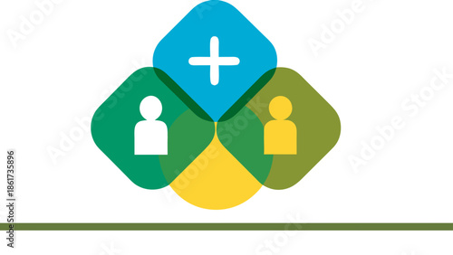 Vector graphic showing two people interacting through a plus sign symbol