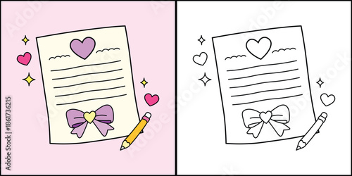 Romantic Letter with Heart and Ribbon, Cute Cartoon Line Art Coloring Page