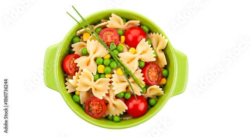 Vibrant pasta salad in a green dish isolated on transparent background