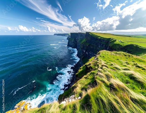 Scenic ocean cliffs with green grass under a bright blue sky