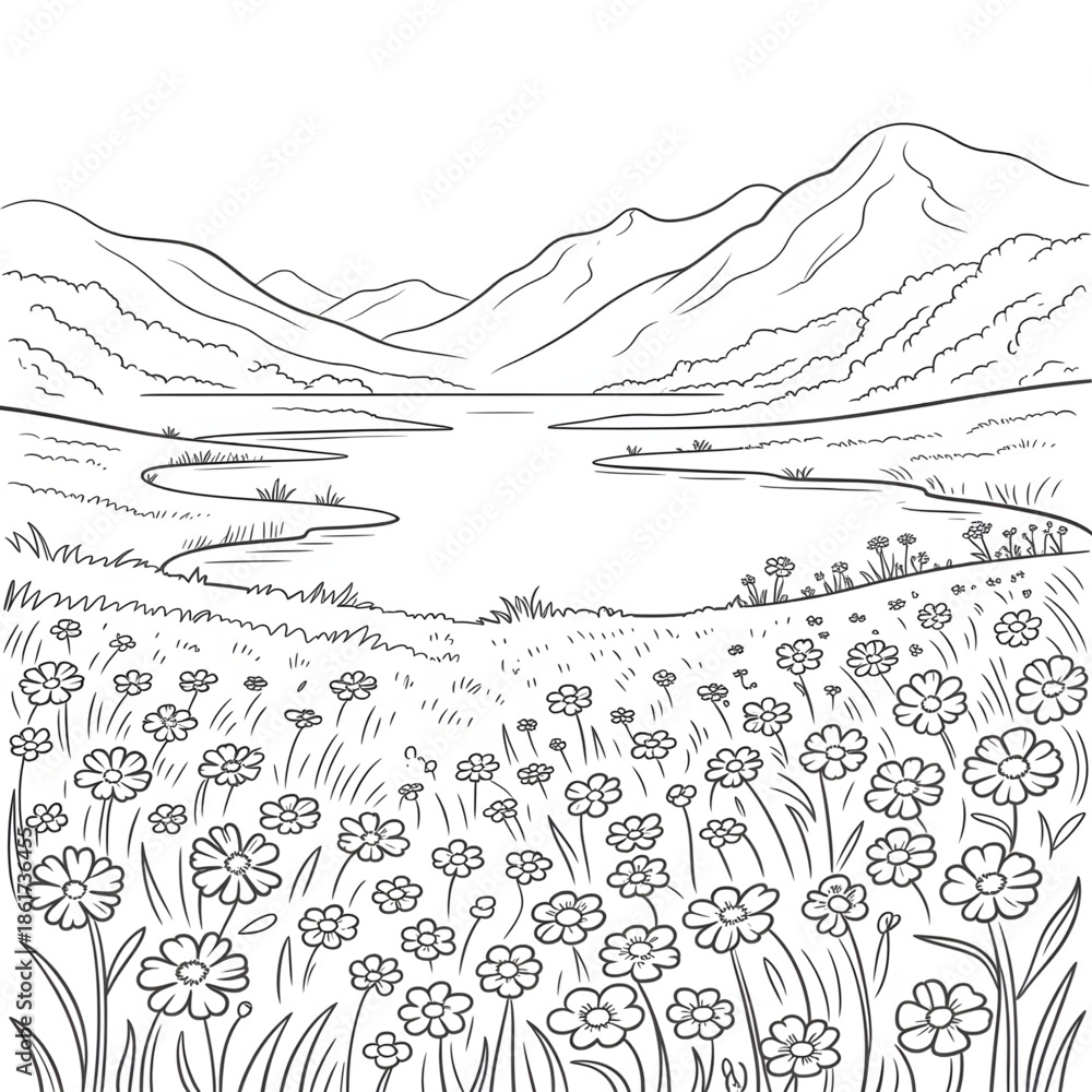Fototapeta premium Wildflower Valley Nature Scenery Black and White Drawing