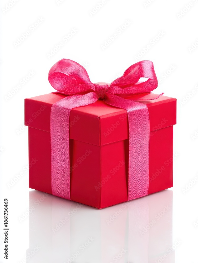 Fototapeta premium A Bright Red Gift Box Tied With A Pink Glitter Ribbon Bow On A White Background