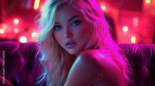 Backlit woman with long wavy blonde hair on tufted leather sofa under pink and blue neon lights, bare shoulder, sultry contemplative mood in intimate lounge