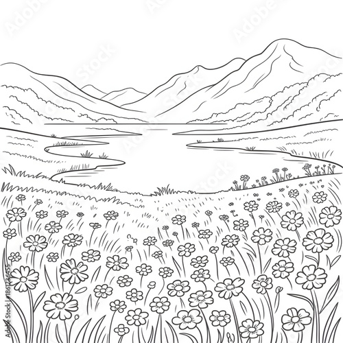 Wildflower Valley Nature Scenery Black and White Drawing