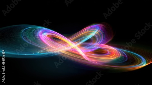 Abstract Colorful Light Trails Swirling Infinity Loop Against Dark Black Background