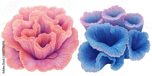 Two delicate ruffled blooms: a soft coral pink rose-like flower and a cluster of trumpet-shaped blue blossoms with intricate textured petals and serene elegance