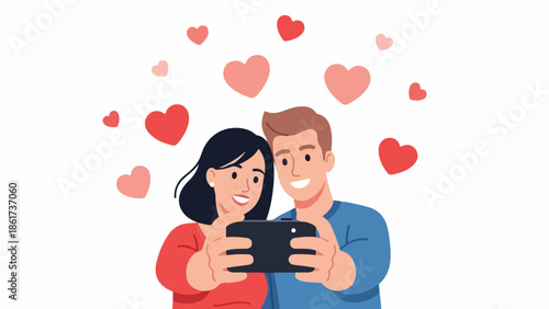 Joyful couple capturing a cherished moment with a smartphone selfie, surrounded by floating hearts, symbolizing their love, happiness, and shared digital connection