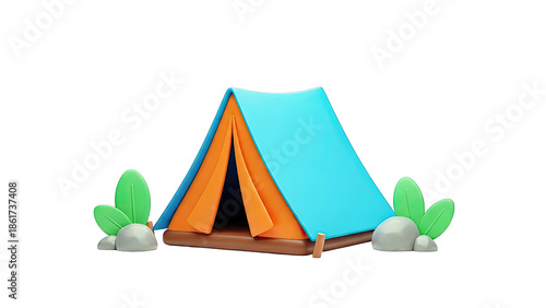 3D Camping Tent with Foliage and Rocks