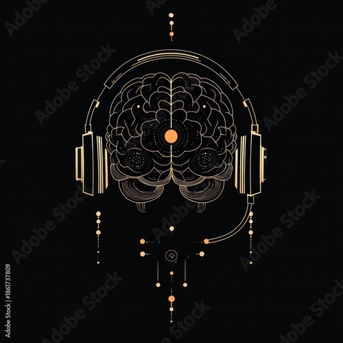 ornate golden brain wearing over-ear headphones and microphone with geometric circuitry on black background, evoking focused futuristic listening and calm concentration