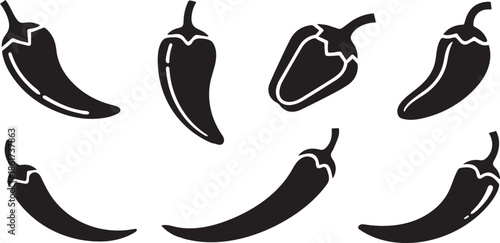 A captivating set of various black chili pepper silhouettes and a bell pepper outline for vibrant designs