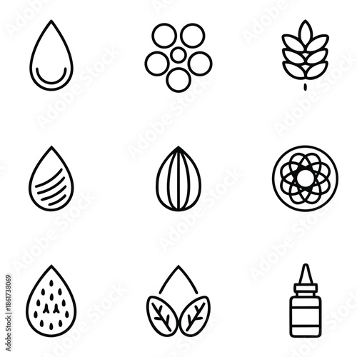 Set of nine black line icons representing natural ingredients for cosmetic or food production