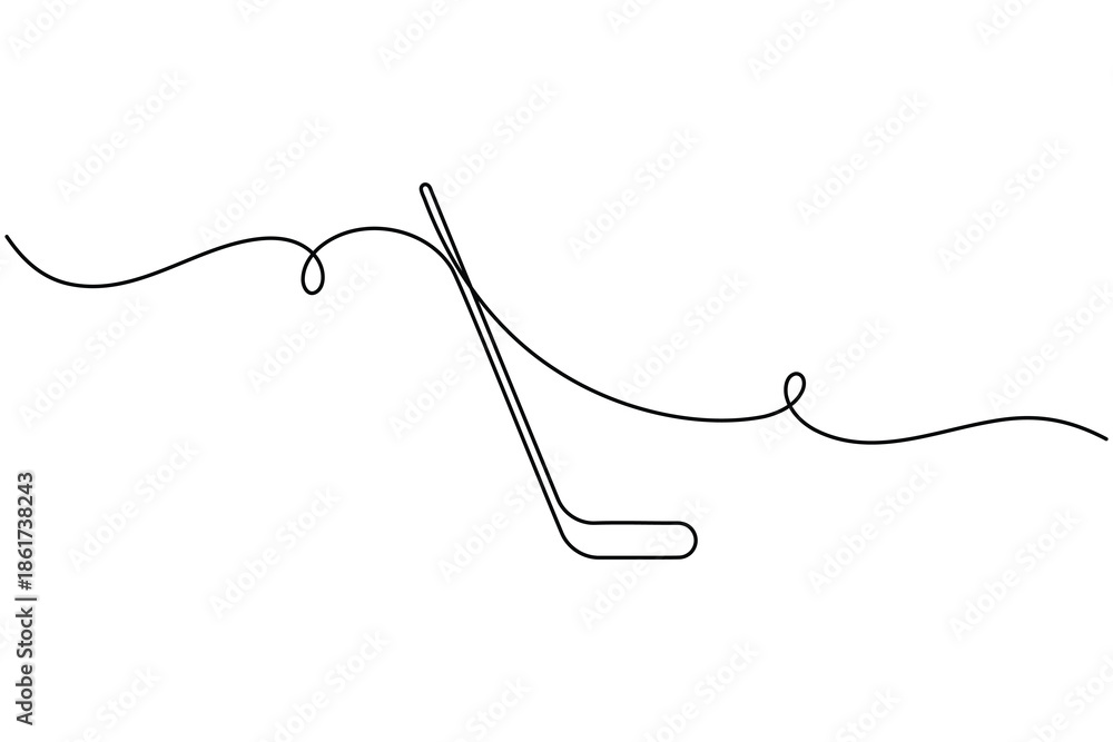 Obraz premium Hockey stick icon and sign continuous one line drawing on white background minimalist single art sport equipment symbol outline vector illustration