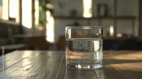 A glass of water on a wooden table in a bright room with natural light