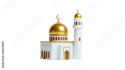3D Rendered White Mosque with Gold Domes and Minarets