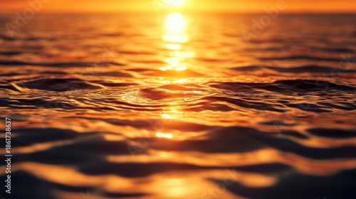 Serene ocean waves glistening in the warm sunset glow on a tranquil evening