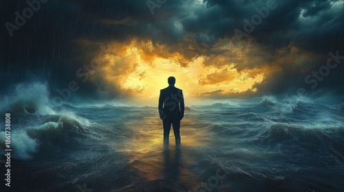 silhouetted man in a suit standing in a stormy sea with crashing waves and rain facing a golden break in dark clouds, evoking solitude, determination and quiet hope
