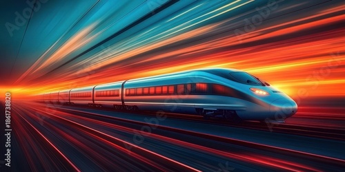 Sleek high-speed train racing through glowing orange and teal light streaks at sunset, dynamic motion conveying speed, exhilaration and futuristic energy