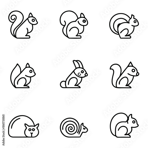 Collection of cute simple line icons featuring various forest and garden animals for design