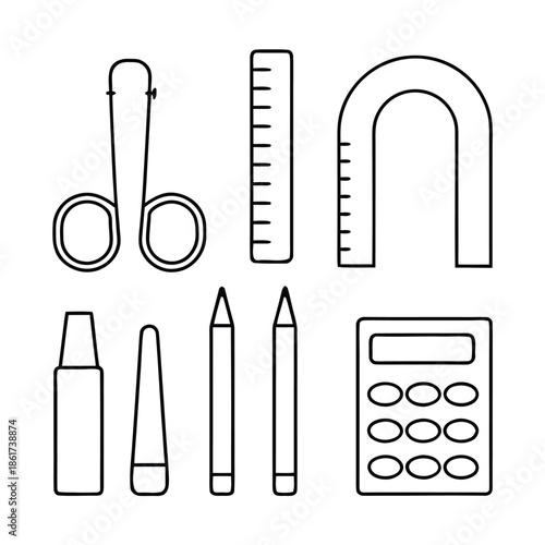 Set of black outline school and office supplies icons for education design projects