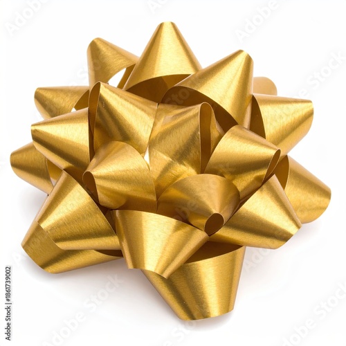 Gold, starburst-shaped metallic ribbon on white background