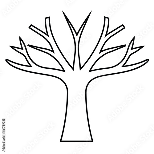 Simple black outline drawing of a bare deciduous tree trunk and branches for coloring