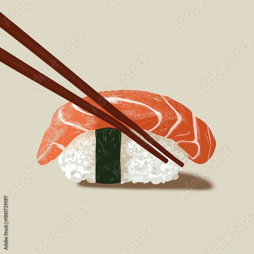 single salmon nigiri on rice wrapped with seaweed, held by wooden chopsticks, casting a soft shadow on a minimalist beige background, appetizing and serene